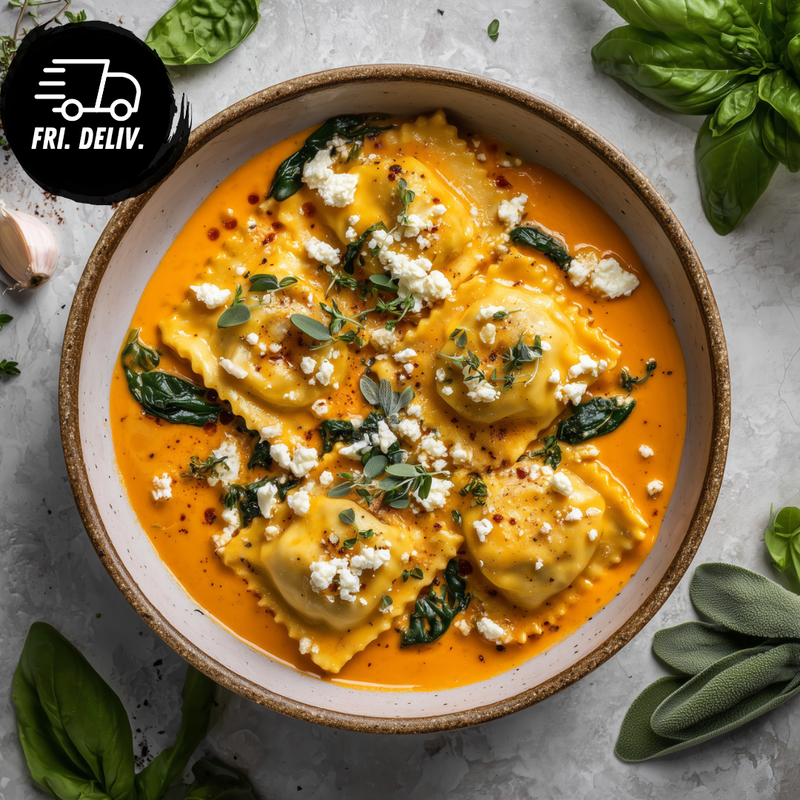 SUNDRIED TOMATO RAVIOLI WITH FETA AND PARSLEY