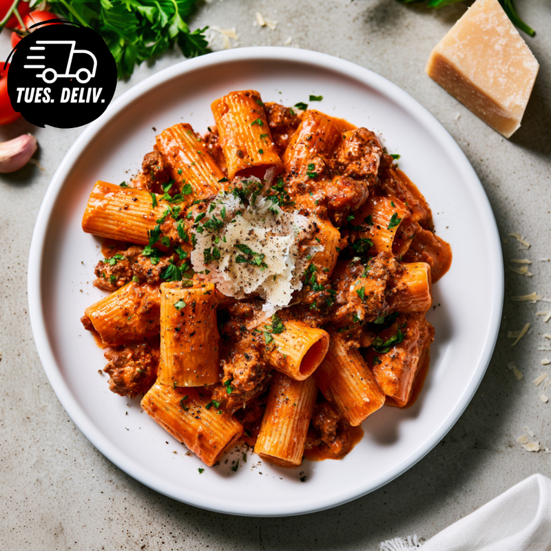 ITALIAN BEEF RIGATONI WITH PARMESAN ROSE