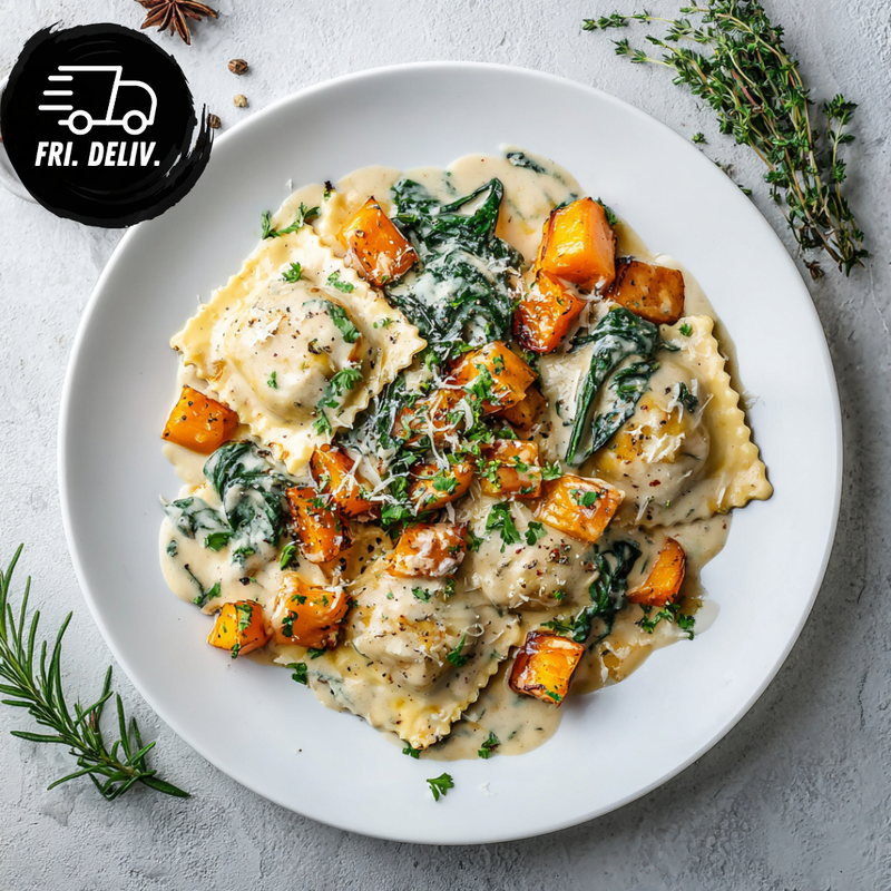 ROASTED PUMPKIN & RICOTTA RAVIOLI WITH ROSEMARY CREAM