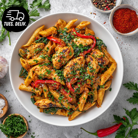 MEDITERRANEAN CHICKEN PESTO ROSSO PENNE.