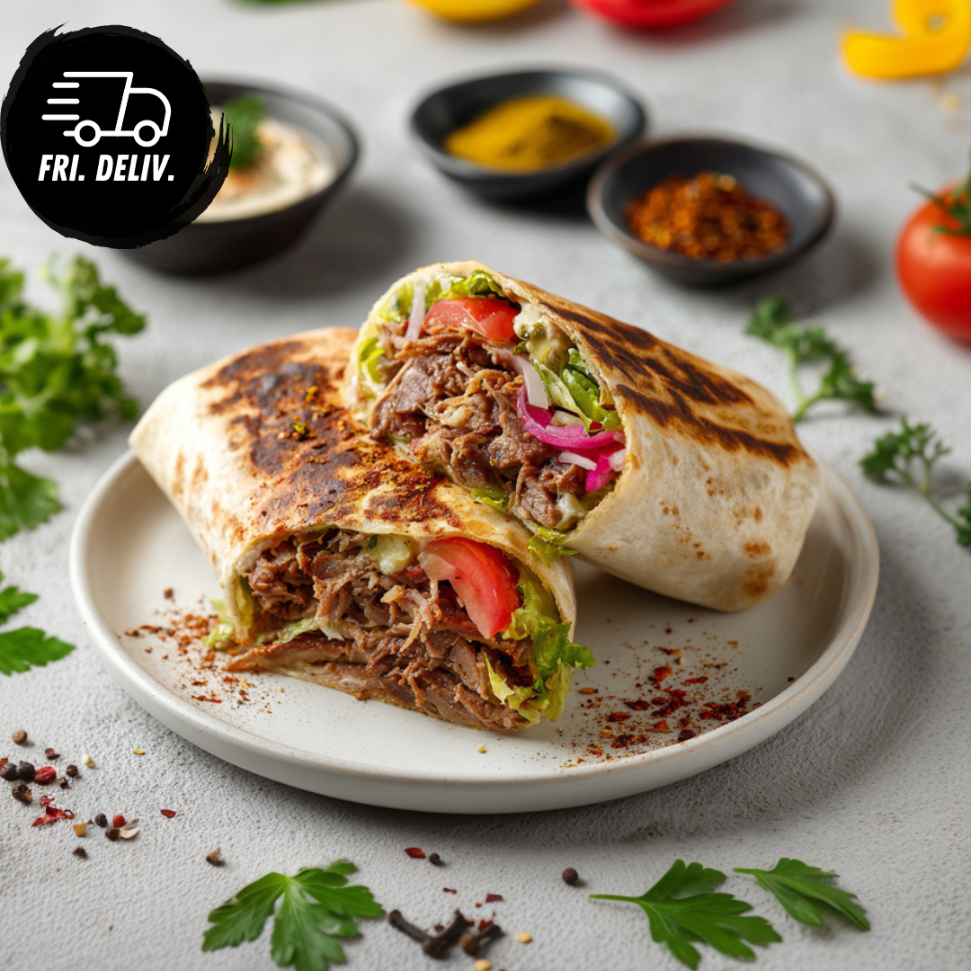 SLOW COOKED BEEF SHAWARMA & HOMMUS WRAP