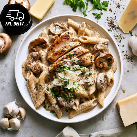 CHICKEN STROGANOFF WITH HERBED MUSHROOMS.