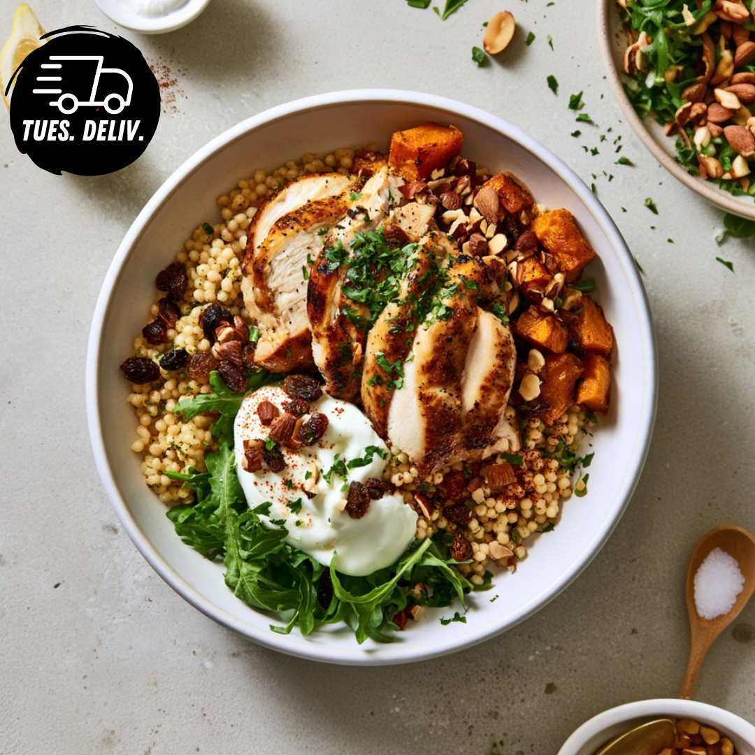 HONEY SUMAC CHICKEN AND PEARL COUSCOUS BOWL.