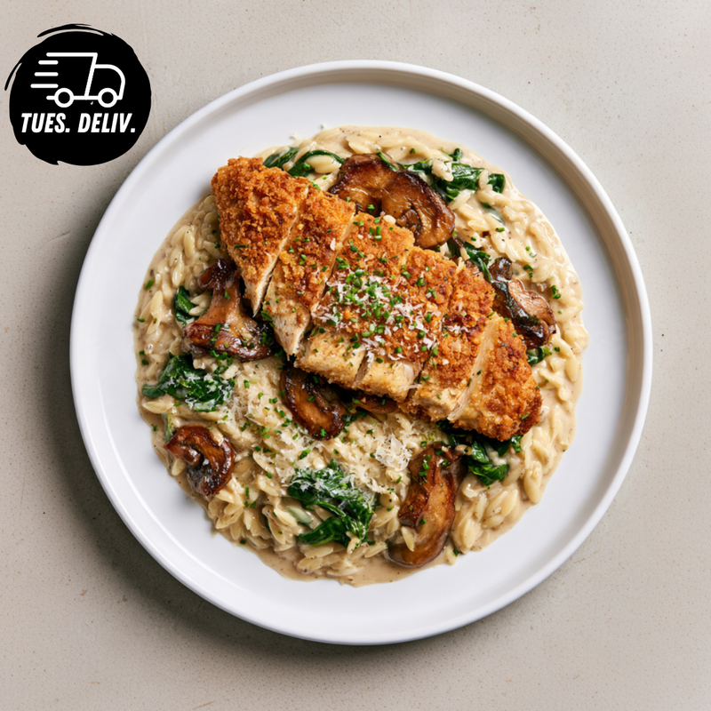 CRISPY CHICKEN WITH TRUFFLE PARMESAN RISONI