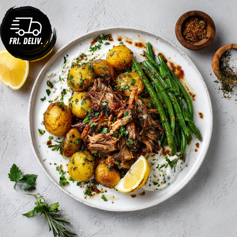 GREEK SLOW COOKED LAMB WITH LEMON POTATOES.