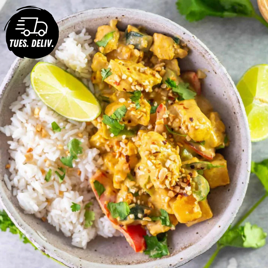 PEANUT SATAY CHICKEN WITH BASMATI RICE AND STEAMED VEG